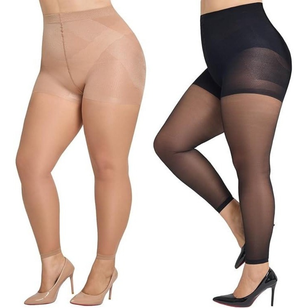 MSRP $19 MANZI 2 Pairs Women's Plus Size 3XL-4XL Footless Sheer Tights Tummy